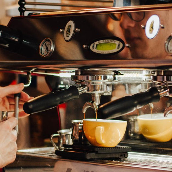 Coffee being brewed by the machine flowing through portafilter