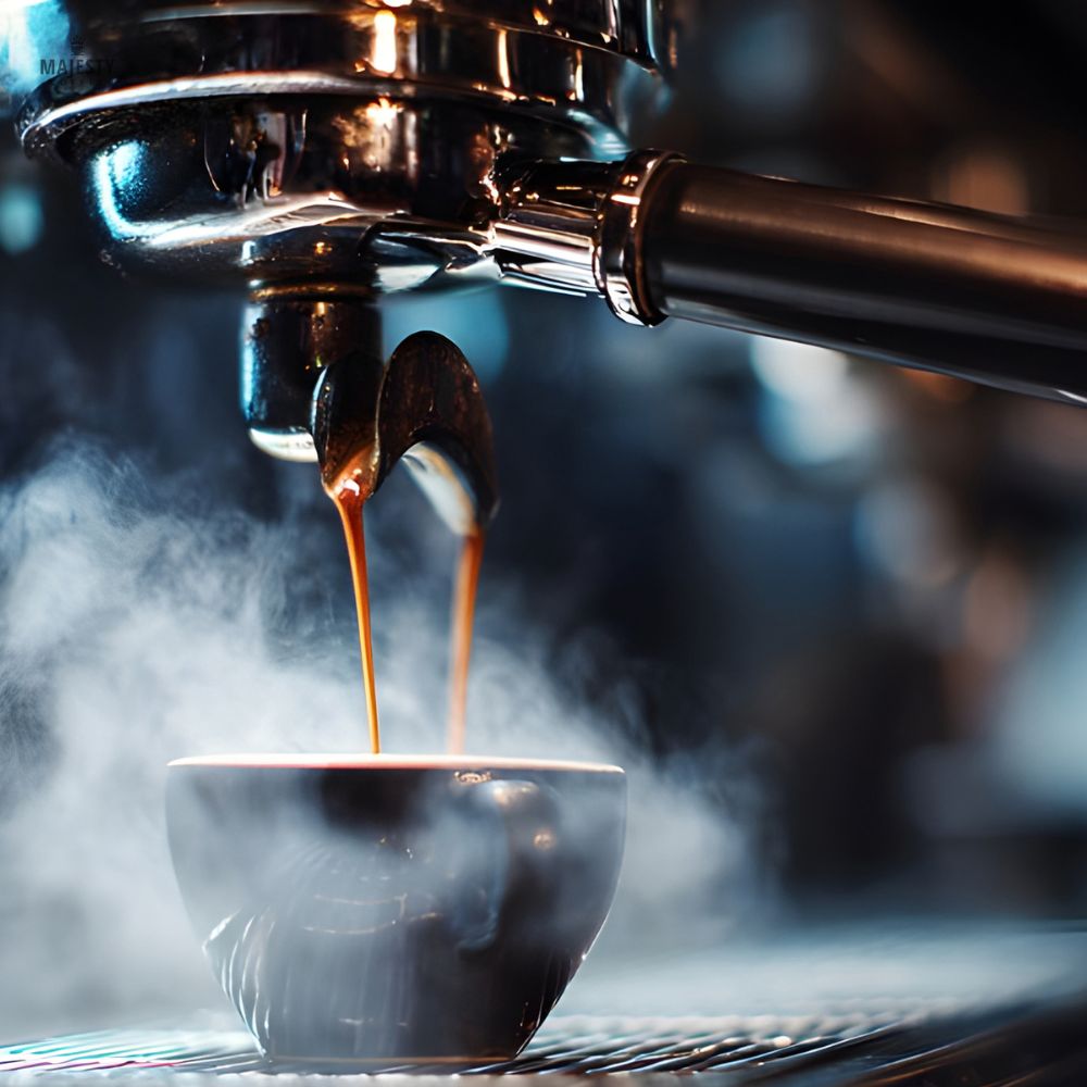 Espresso extracting from a portafilter into a cup with steam